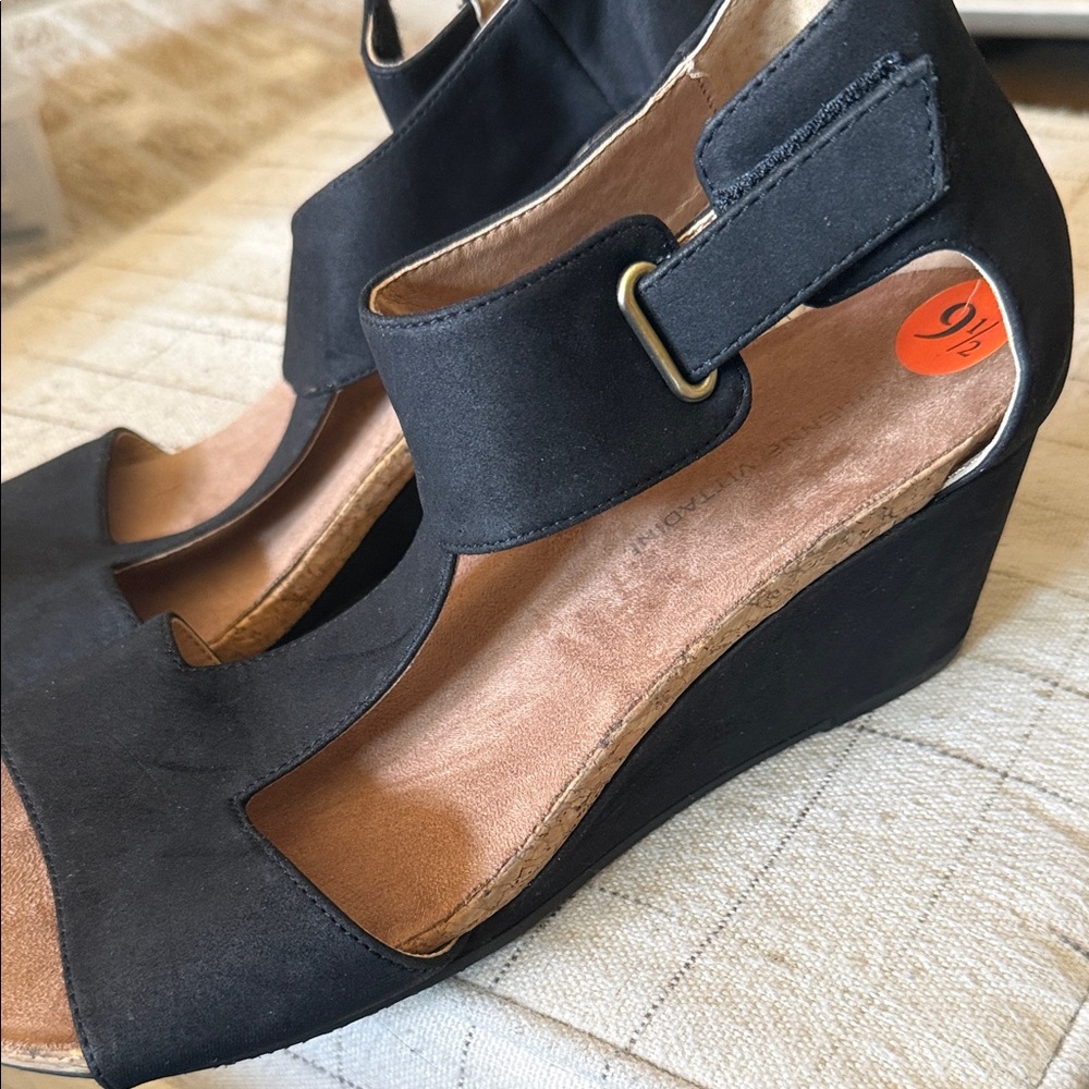 Adrienne Vittadini Black Suede Wedge Sandals with Ankle Strap
